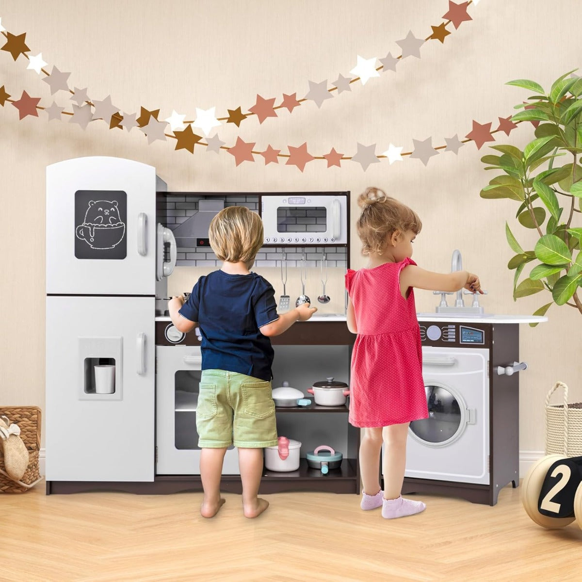 Set cucina giocattolo per bambini con luci e suoni-Lavandino e accessori per 3+ anni Marrone Scuro