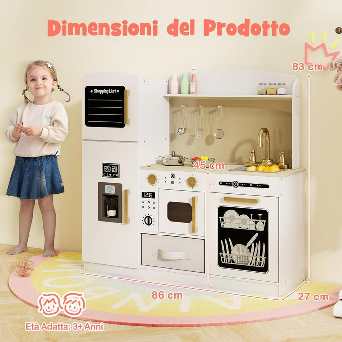 Set cucina in legno per bambini, Cucina giocattolo con lavagna regalo per bambini 3+ anni Bianco-Cucine giocattoli