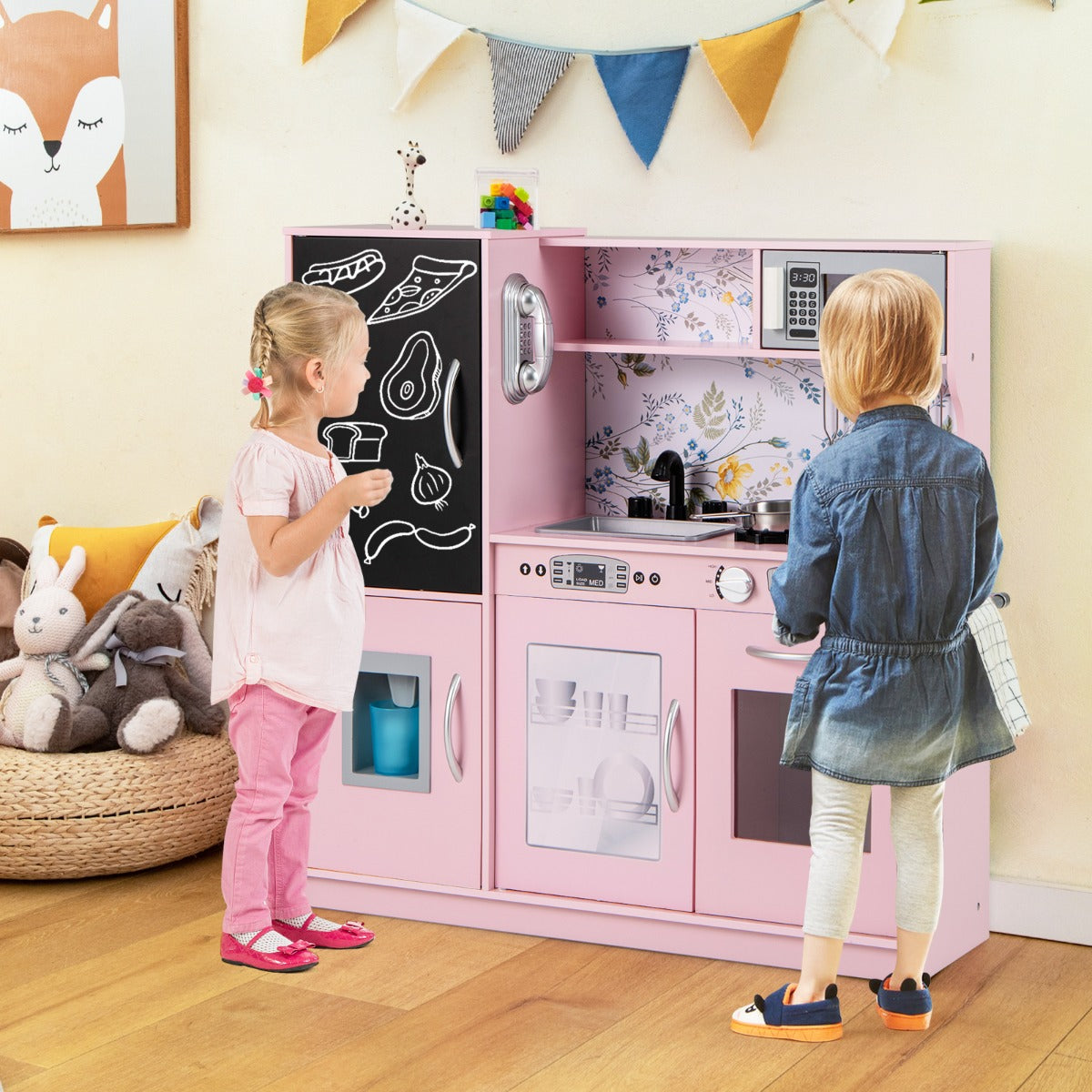 Set cucina per bambini con lavagna telefono microonde fabbricatore di ghiaccio, Cucina gioco finta in legno Roseo-Cucine giocattoli