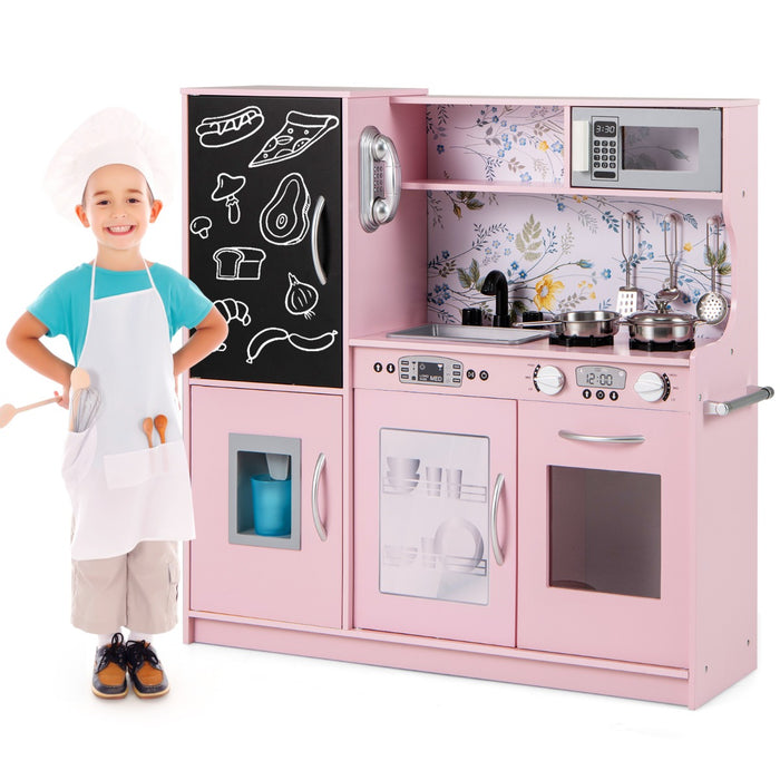 Set cucina per bambini con lavagna telefono microonde fabbricatore di ghiaccio, Cucina gioco finta in legno Roseo-Cucine giocattoli