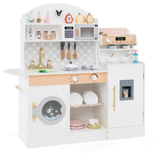 Set cucina per bambini con spazio di conservazione, Cucina in legno per gioco di cucina con accessori Bianco-Cucine giocattoli