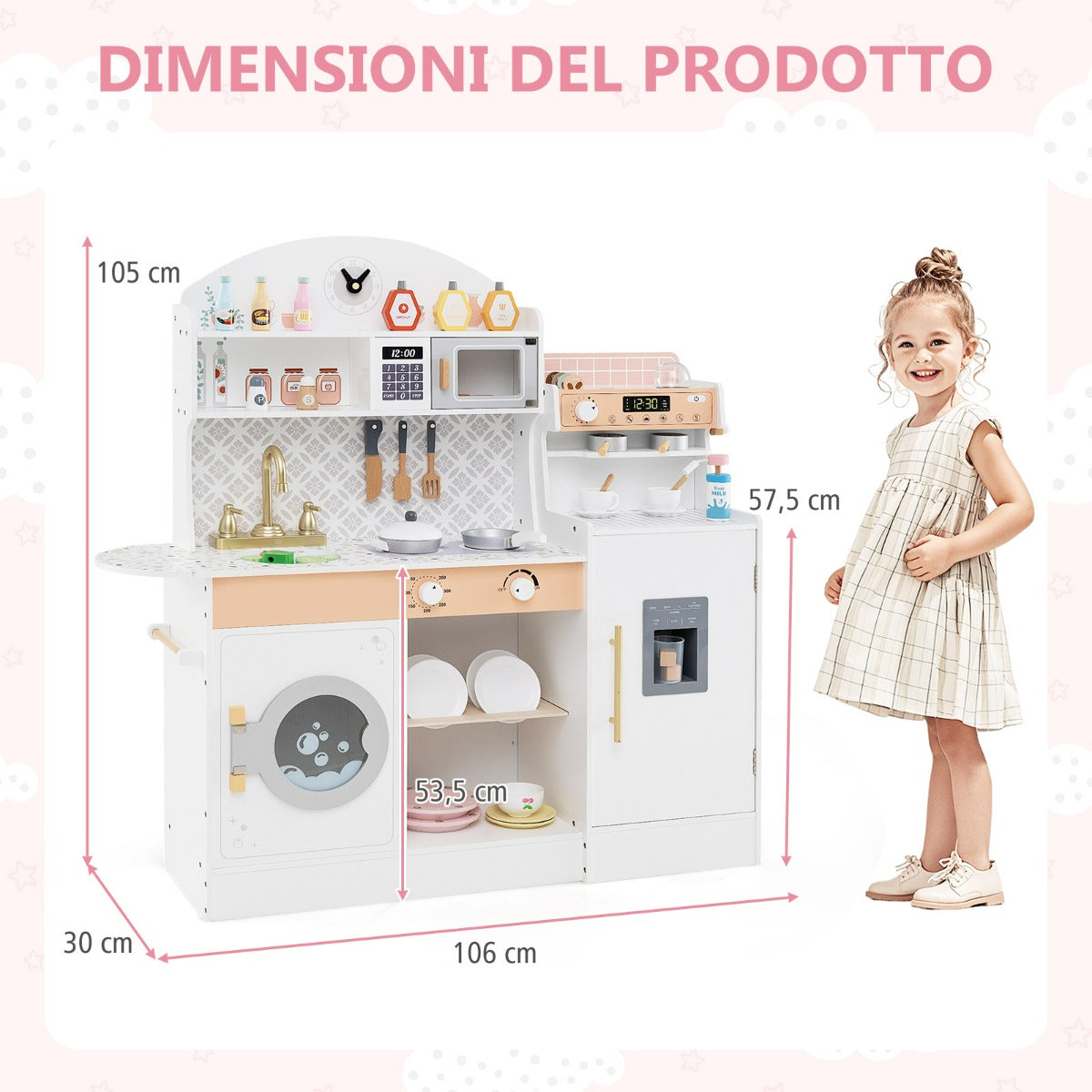 Set cucina per bambini con spazio di conservazione, Cucina in legno per gioco di cucina con accessori Bianco-Cucine giocattoli