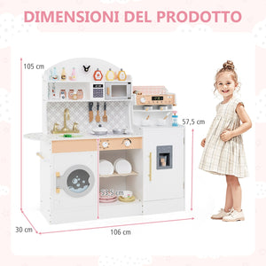 Set cucina per bambini con spazio di conservazione, Cucina in legno per gioco di cucina con accessori Bianco-Cucine giocattoli