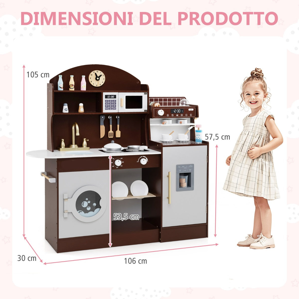 Set cucina per bambini con spazio di conservazione, Cucina in legno per gioco di cucina con accessori Marrone-Cucine giocattoli