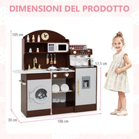 Set cucina per bambini con spazio di conservazione, Cucina in legno per gioco di cucina con accessori Marrone-Cucine giocattoli