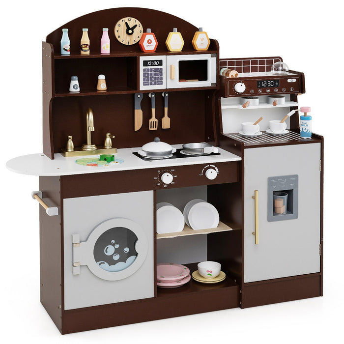 Set cucina per bambini con spazio di conservazione, Cucina in legno per gioco di cucina con accessori Marrone-Cucine giocattoli