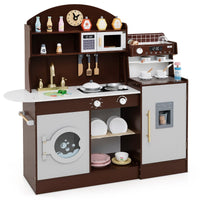 Set cucina per bambini con spazio di conservazione, Cucina in legno per gioco di cucina con accessori Marrone-Cucine giocattoli