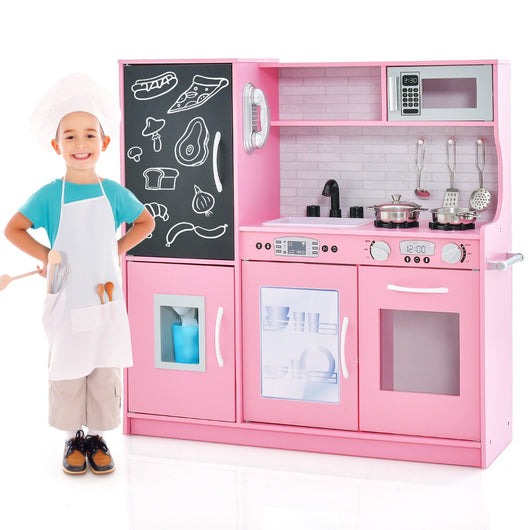 Set cucina per bambini con lavagna telefono microonde fabbricatore di ghiaccio, Cucina gioco finta in legno Rosa-Cucine giocattoli