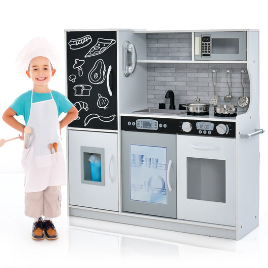 Set cucina per bambini con lavagna telefono microonde fabbricatore di ghiaccio, Cucina gioco finta in legno Bianco-Cucine giocattoli