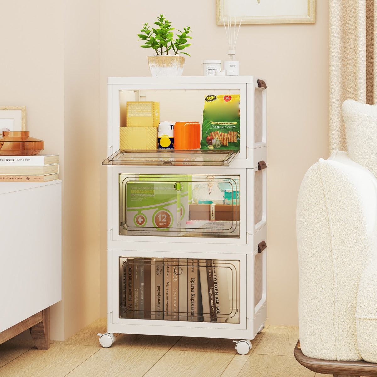 Scatole pieghevoli da 105L con ruote bloccabili, Set da 3 contenitori impilabili-Scarpiere