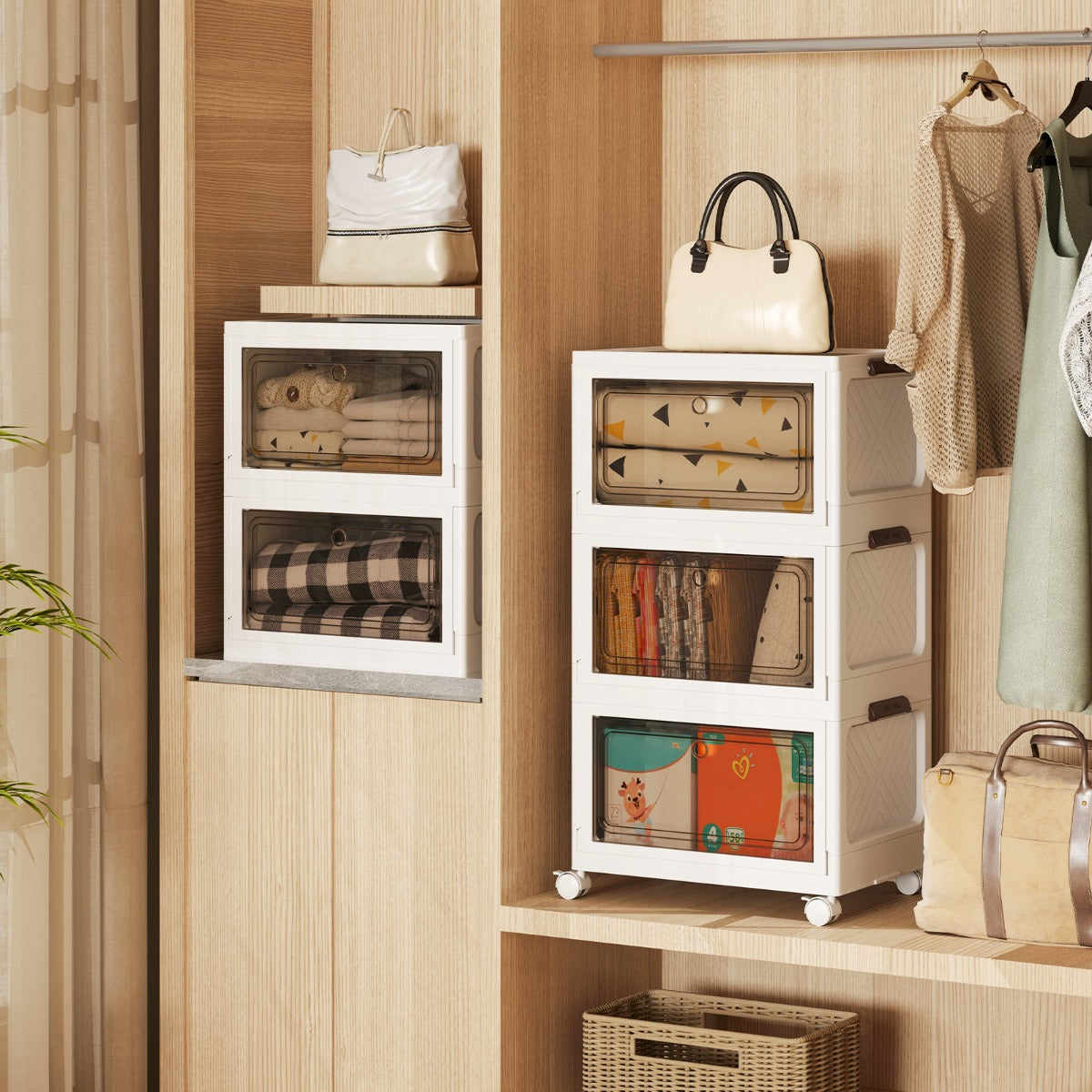 Scatole pieghevoli da 105L con ruote bloccabili, Set da 3 contenitori impilabili-Scarpiere