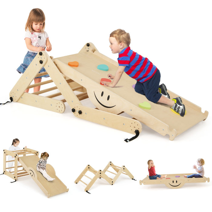 Set da arrampicata montessori per bambini, Giochi da arrampicata pieghevoli in legno con rampe regolabili Naturale-Arrampicate e scivoli
