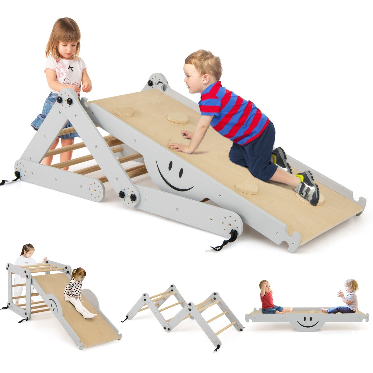 Set da arrampicata montessori per bambini, Giochi da arrampicata pieghevoli in legno con rampe regolabili Grigio-Arrampicate e scivoli