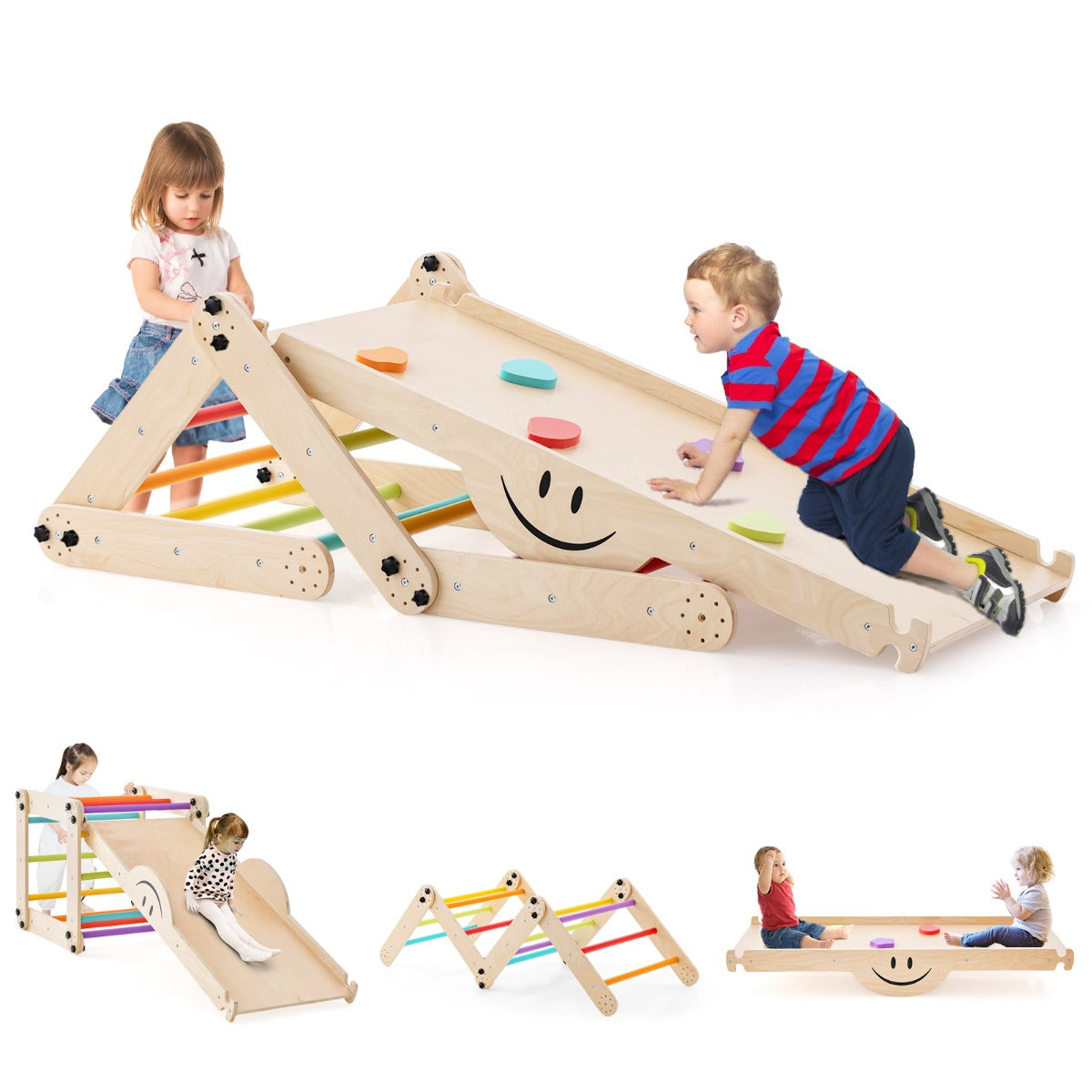 Set da arrampicata montessori per bambini, Giochi da arrampicata pieghevoli in legno con rampe regolabili Colorato-Arrampicate e scivoli