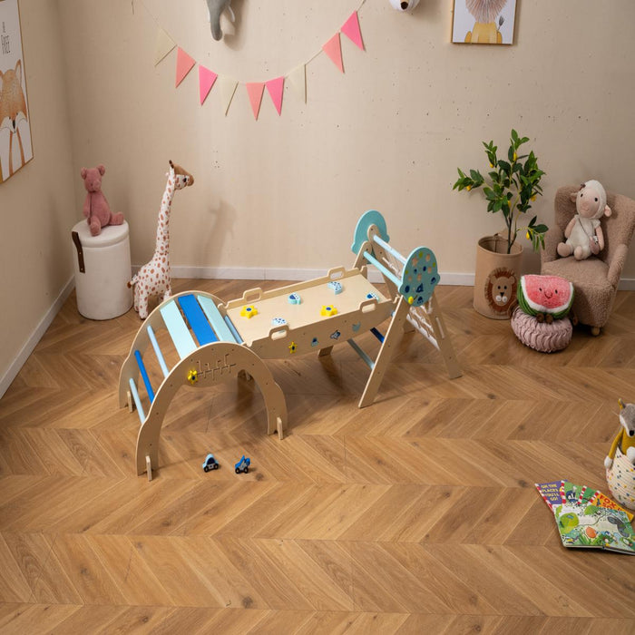 Set da arrampicata a triangolo palestra da giungla pieghevole con arco rampa, Arrampicata giocattolo montessori astronauta-Arrampicate e scivoli