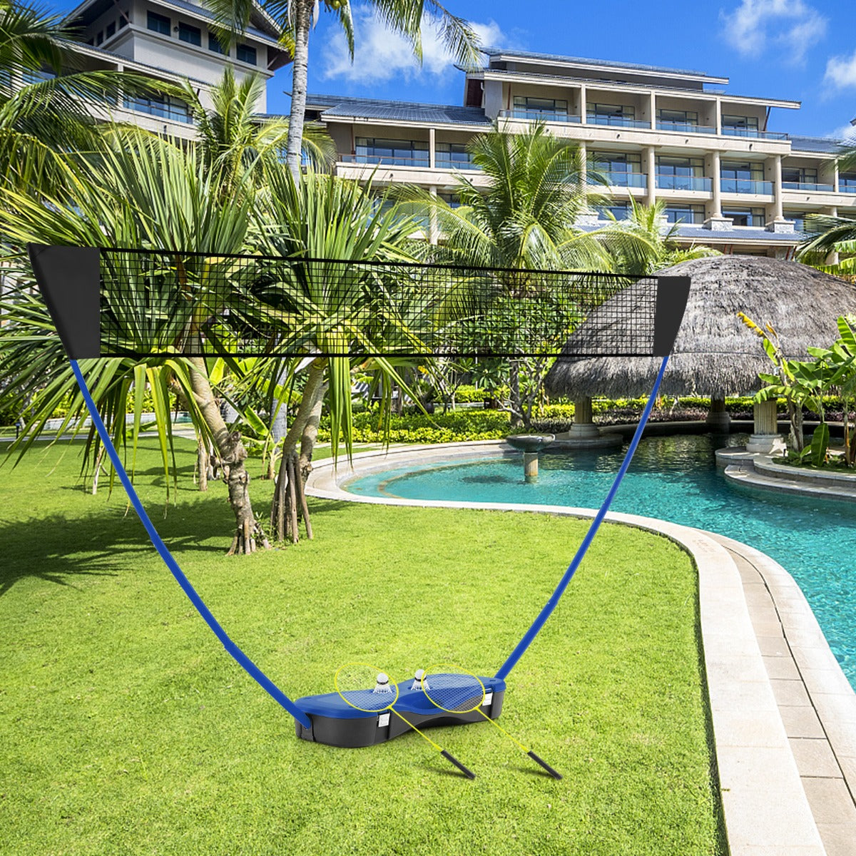 Set da badminton con rete racchette e volani, Set da badminton per gioco all'aperto con 2 volani 270x33,5x160cm Blu-Ricreazione outdoor