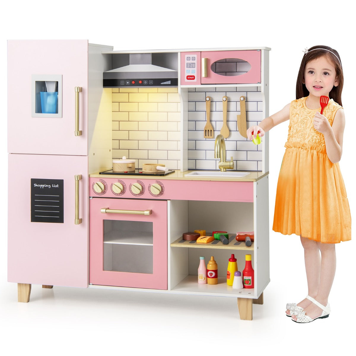 Set da cucina per bambini con macchina del ghiaccio, Cucina giocattolo con luci e suoni per bambini Rosa-Cucine giocattoli