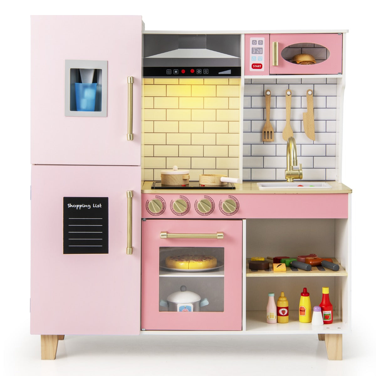 Set da cucina per bambini con macchina del ghiaccio, Cucina giocattolo con luci e suoni per bambini Rosa-Cucine giocattoli