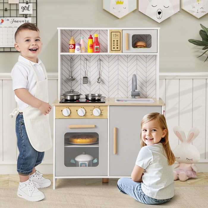 Set da cucina per bambini in legno con luci e accessori pratici, Gioco educativo per bambini 3+ anni Bianco-Cucine giocattoli