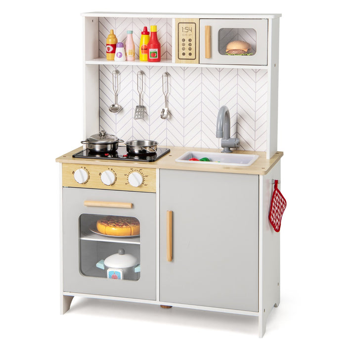 Set da cucina per bambini in legno con luci e accessori pratici, Gioco educativo per bambini 3+ anni Bianco-Cucine giocattoli
