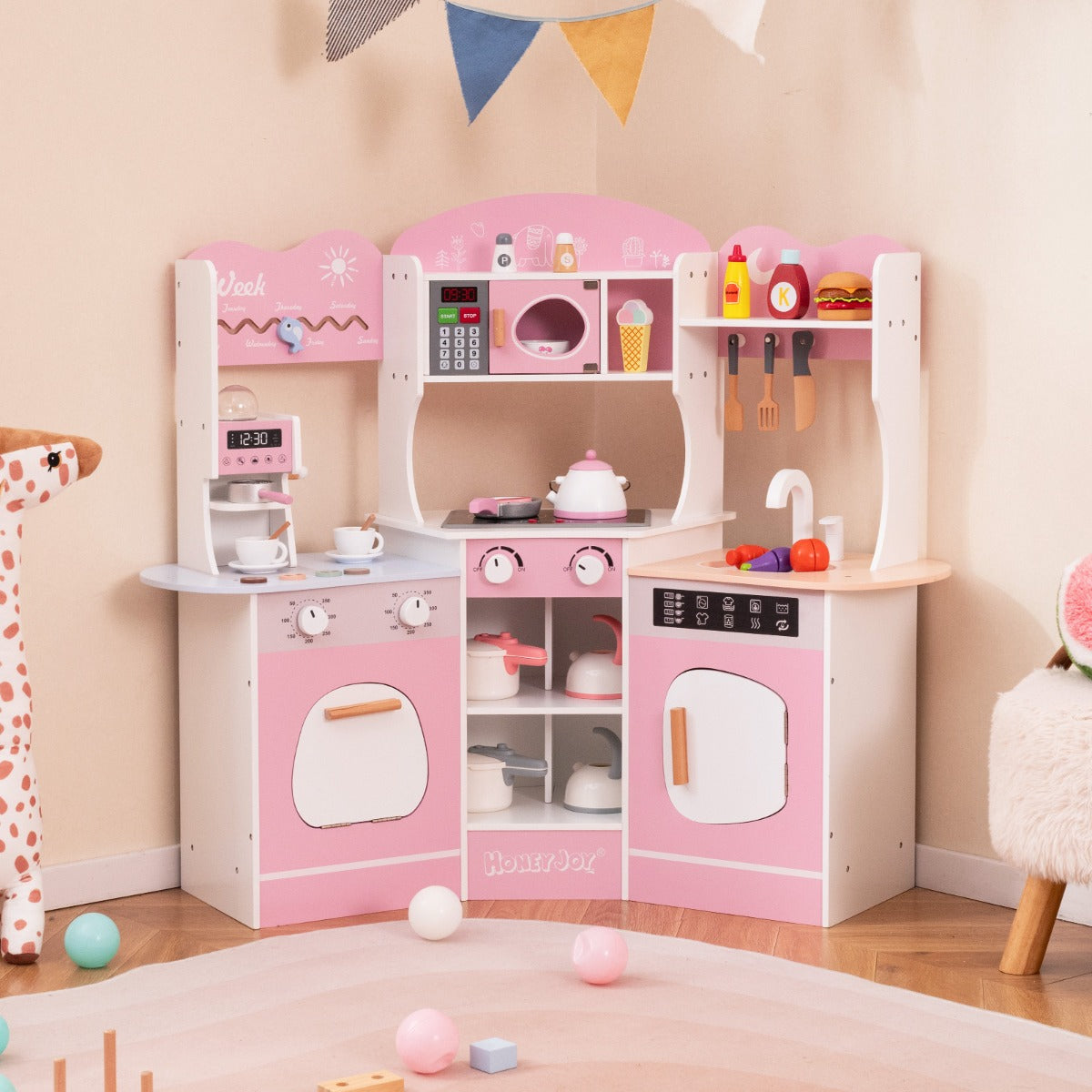 Cucina giocattolo angolare in legno con macchina del caff¨¨, Set cucina con luci e suoni per Bambini 3+ Anni Rosa-Cucine giocattoli