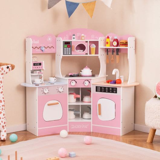 Cucina giocattolo angolare in legno con macchina del caff¨¨, Set cucina con luci e suoni per Bambini 3+ Anni Rosa-Cucine giocattoli