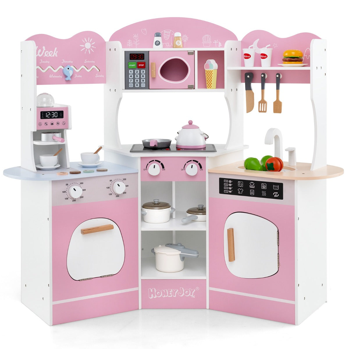 Cucina giocattolo angolare in legno con macchina del caff¨¨, Set cucina con luci e suoni per Bambini 3+ Anni Rosa-Cucine giocattoli