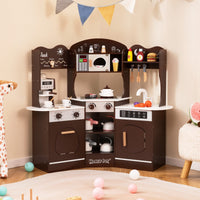 Cucina giocattolo angolare in legno con macchina del caff¨¨, Set cucina con luci e suoni per Bambini 3+ Anni Marrone-Cucine giocattoli