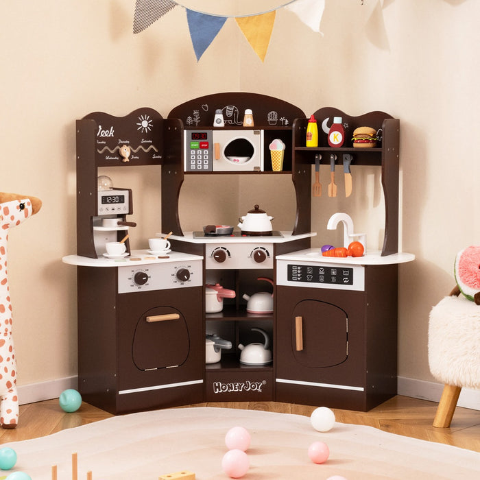 Cucina giocattolo angolare in legno con macchina del caff¨¨, Set cucina con luci e suoni per Bambini 3+ Anni Marrone-Cucine giocattoli