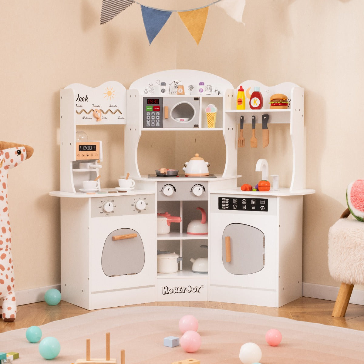 Cucina giocattolo angolare in legno con macchina del caff¨¨, Set cucina con luci e suoni per Bambini 3+ Anni Bianco-Cucine giocattoli