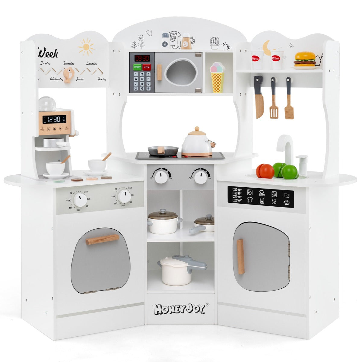 Cucina giocattolo angolare in legno con macchina del caff¨¨, Set cucina con luci e suoni per Bambini 3+ Anni Bianco-Cucine giocattoli