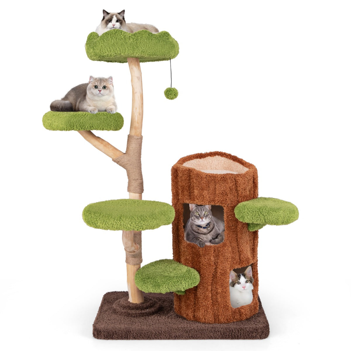 Torre per Gatti con design a buco d'albero con 2 piani, Albero per gatti multi-livello Marrone Verde Bianco-Alberi Tiragraffi