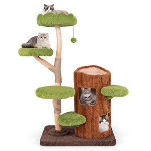 Torre per Gatti con design a buco d'albero con 2 piani, Albero per gatti multi-livello Marrone Verde Bianco-Alberi Tiragraffi