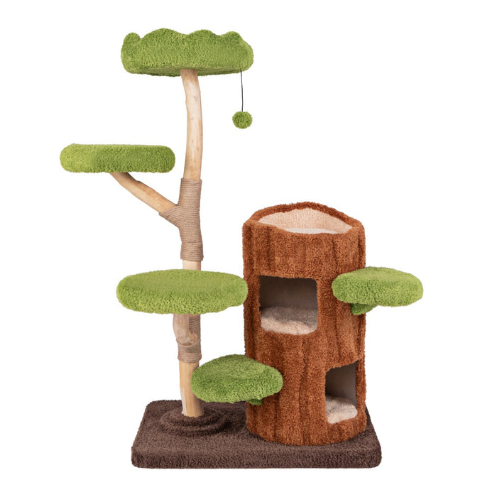 Torre per Gatti con design a buco d'albero con 2 piani, Albero per gatti multi-livello Marrone Verde Bianco-Alberi Tiragraffi