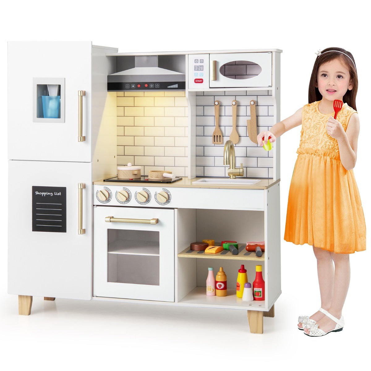 Set da cucina per bambini con macchina del ghiaccio, Cucina giocattolo con luci e suoni per bambini Bianco-Cucine giocattoli