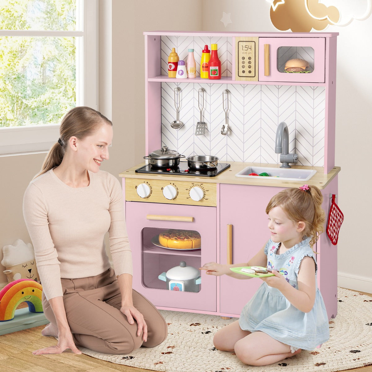 Set da cucina per bambini in legno con luci e accessori pratici, Gioco educativo per bambini 3+ anni Rosa-Cucine giocattoli