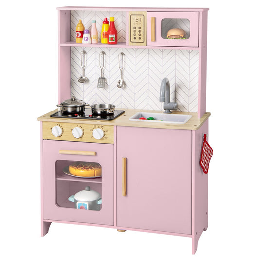 Set da cucina per bambini in legno con luci e accessori pratici, Gioco educativo per bambini 3+ anni Rosa-Cucine giocattoli