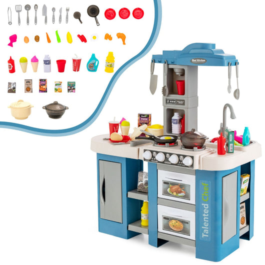 Cucina per bambini con accessori di cibo e utensili effetti sonori, Cucina per bambini vapore e bollitura 38 pcs Blu-Cucine giocattoli