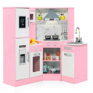 Cucina giocattolo per bambini in legno con lavabo separato suoni e luci divertenti, Set da cucina per giochi Rosa-Cucine giocattoli