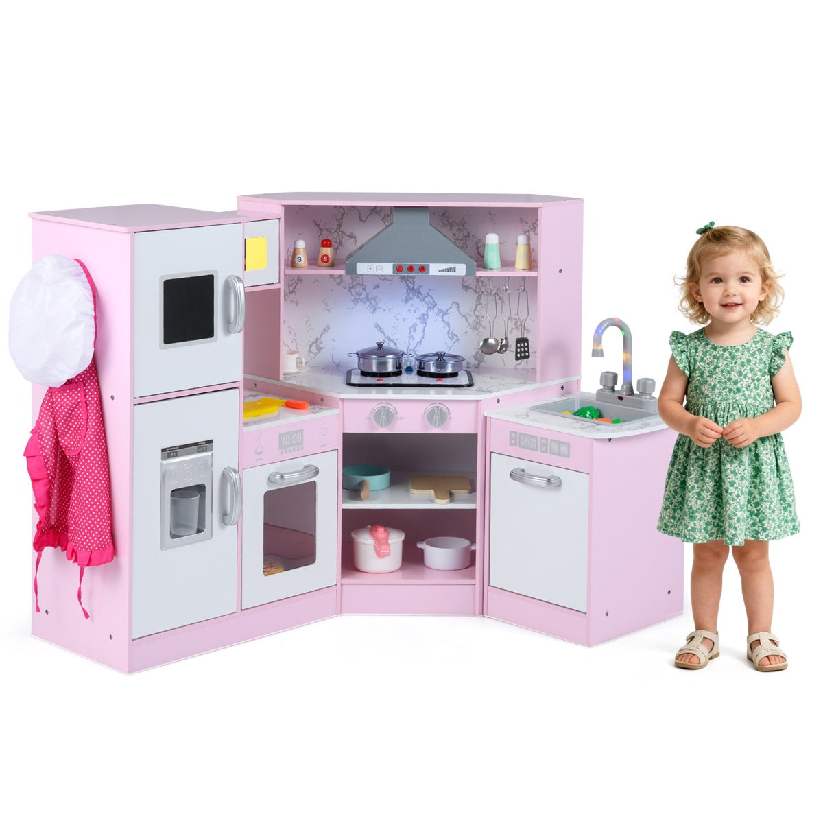 Cucina giocattolo per bambini in legno con lavabo separato suoni e luci divertenti, Set da cucina per giochi Rosa-Cucine giocattoli
