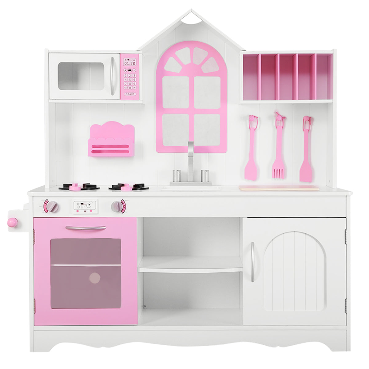 Set da cucina giocattolo per bambini, Set cucina in legno con pentole in legno accessori da cucina 106,5x32x109cm-Cucine giocattoli