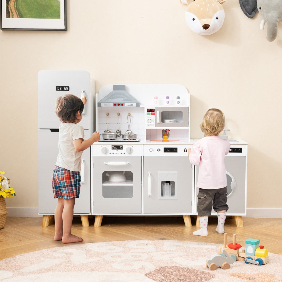 Set da cucina per bambini 3+ anni con frigorifero e lavatrice macchina del ghiaccio, Giocattolo da cucina Bianco e grigio-Cucine giocattoli