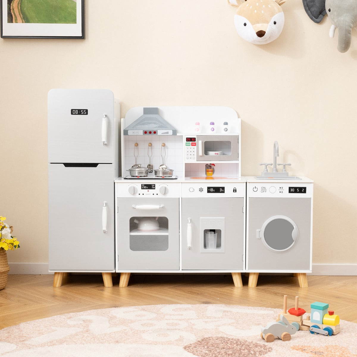 Set da cucina per bambini 3+ anni con frigorifero e lavatrice macchina del ghiaccio, Giocattolo da cucina Bianco e grigio-Cucine giocattoli