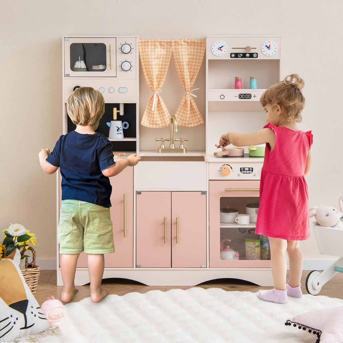 Set da cucina per bambini con microonde macchina del caff¨¨, Cucina giocattolo in legno per piccoli chef 3+ anni Rosa-Cucine giocattoli