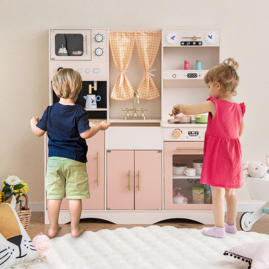 Set da cucina per bambini con microonde macchina del caff¨¨, Cucina giocattolo in legno per piccoli chef 3+ anni Rosa-Cucine giocattoli