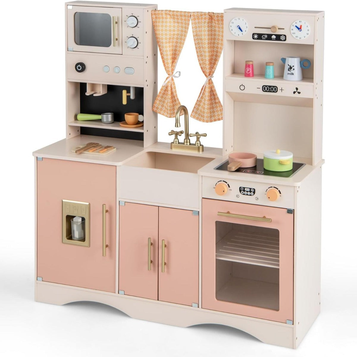 Set da cucina per bambini con microonde macchina del caff¨¨, Cucina giocattolo in legno per piccoli chef 3+ anni Rosa-Cucine giocattoli