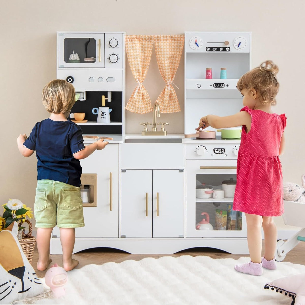 Set da cucina per bambini con microonde macchina del caff¨¨, Cucina giocattolo in legno per piccoli chef 3+ anni Bianco-Cucine giocattoli