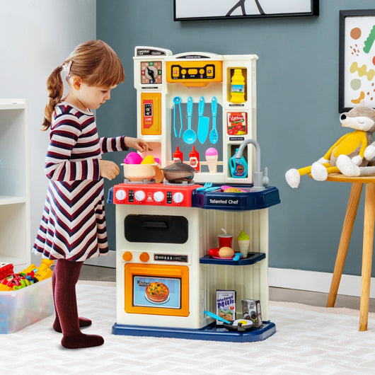 Set da cucina per bambini con 38 accessori, Set giocattolo con finto vapore cappa aspirante con canzoni Blu-Cucine giocattoli
