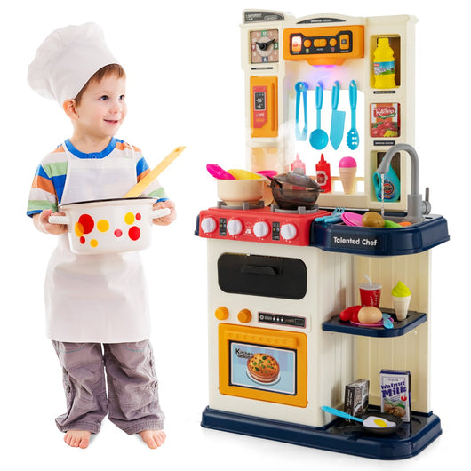 Set da cucina per bambini con 38 accessori, Set giocattolo con finto vapore cappa aspirante con canzoni Blu-Cucine giocattoli