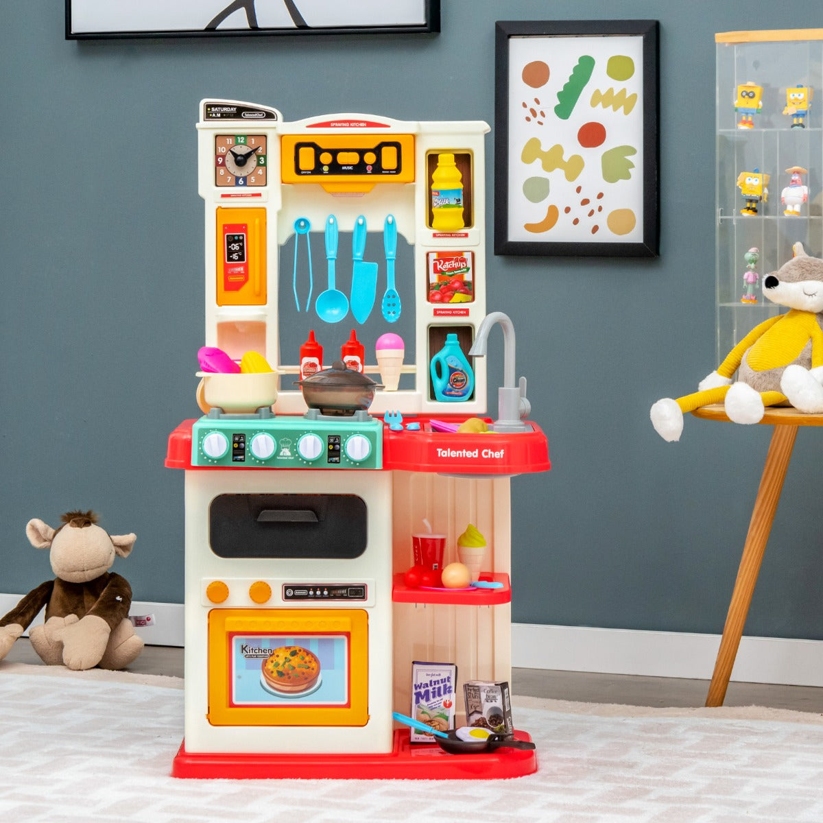 Set da cucina per bambini con 38 accessori, Set giocattolo con finto vapore cappa aspirante con canzoni Rosa-Cucine giocattoli